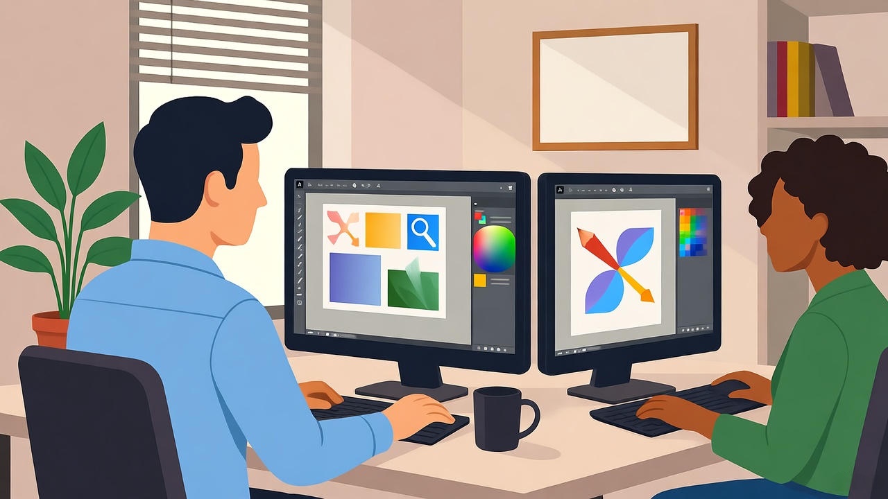 Two graphic designers working at dual computer monitors in a modern office, each editing digital artwork and color palettes using design software, with a coffee mug, plant, and bookshelf in the background, representing teamwork and creative collaboration in digital design.